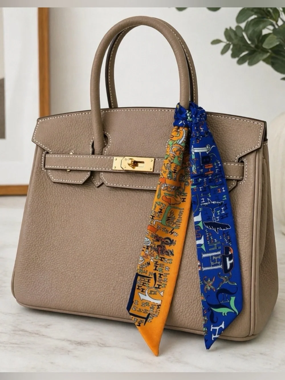 BLUE ORANGE ABSTRACT STORY PRINT SKINNY SCARF BAG HANDLE HAIR RIBBON NECK TIE